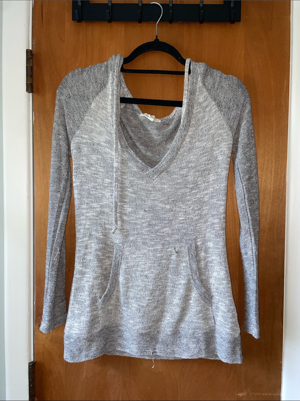 Light Gray V-Neck Hooded Knit Top